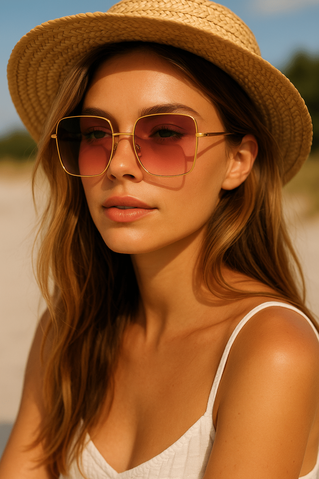 Goldie Sommarbågar - Guld & Rosa Fyrkantiga Solglasögon