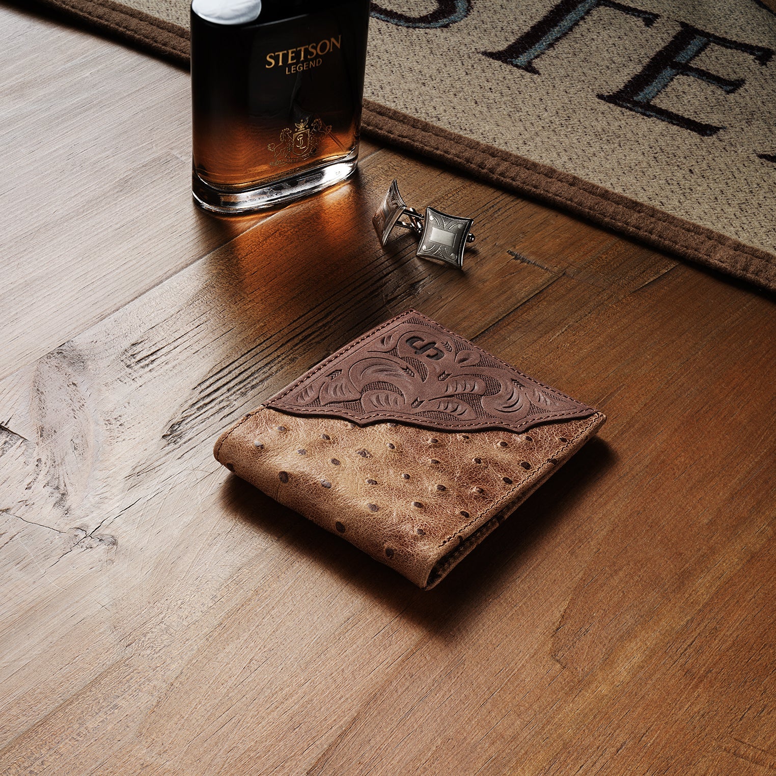 Tooled Embossed Ostrich Bi-Fold Wallet Stetson