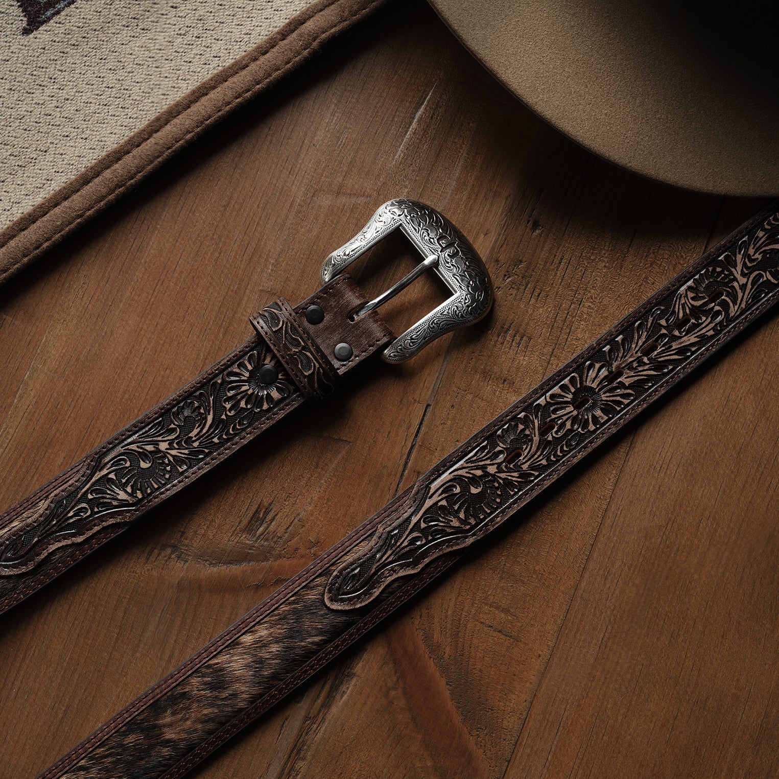 Hair-on-Hide Tooled Leather Belt Stetson