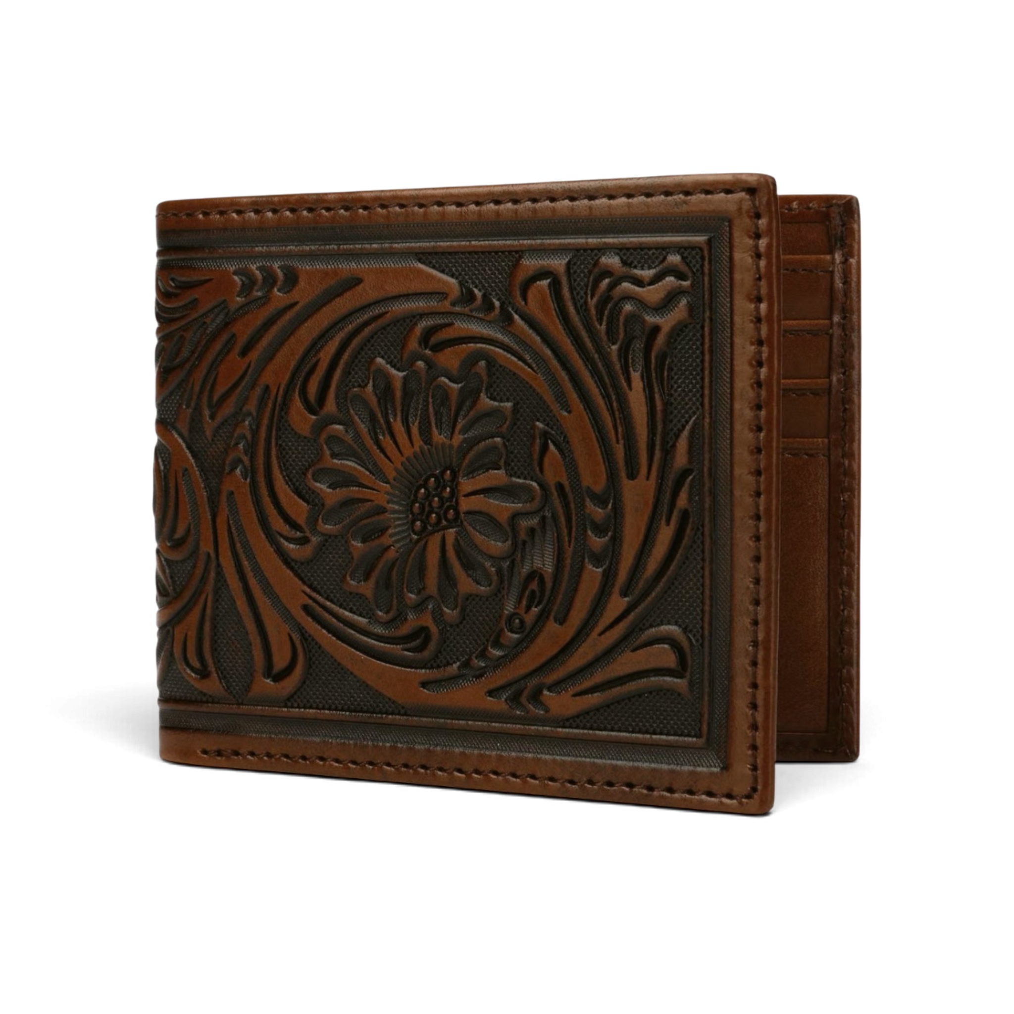 STETSON - TOOLED LEATHER BI-FOLD WALLET - BROWN