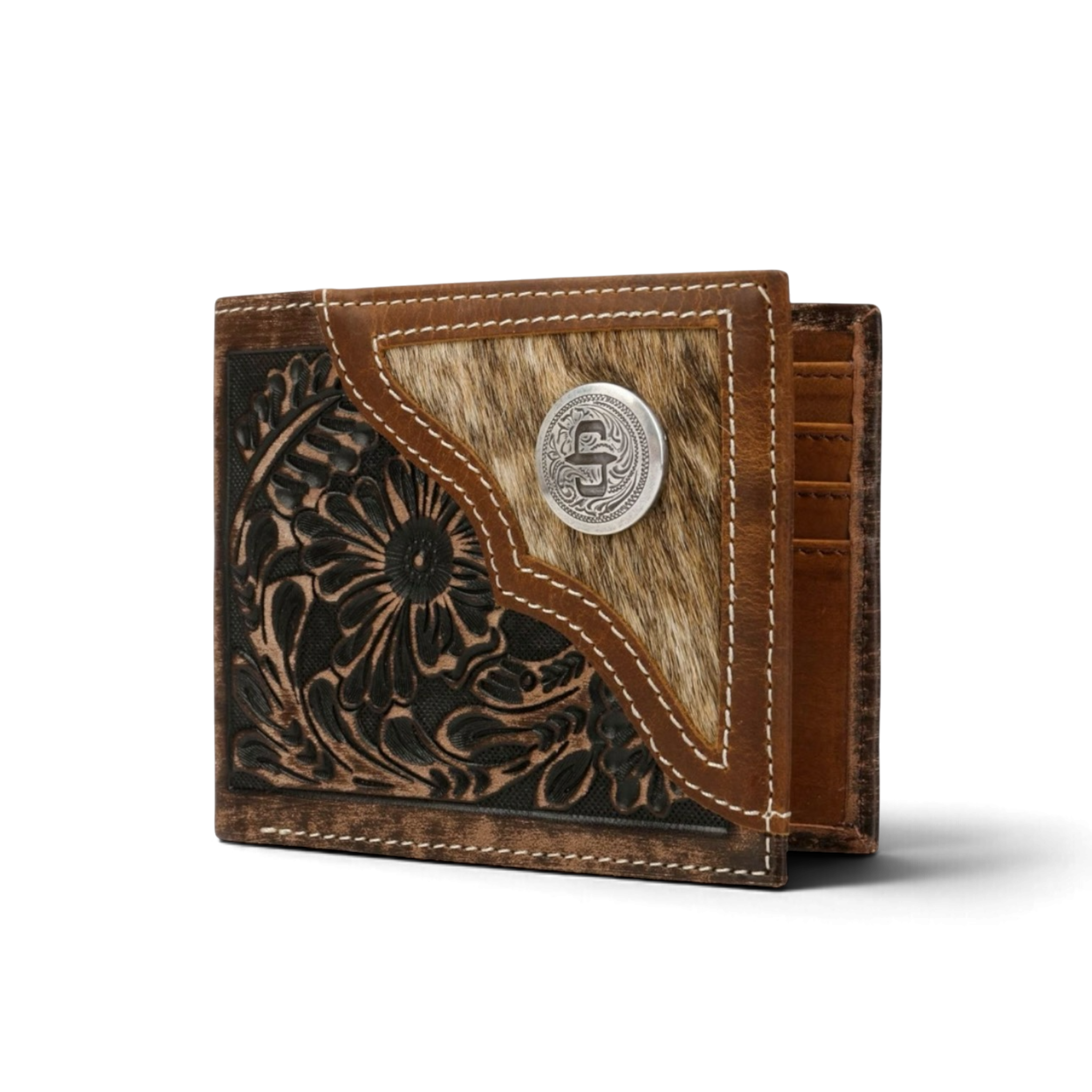 STETSON - HAIR-ON-HIDE CONCHO LEATHER BI-FOLD WALLET - BROWN