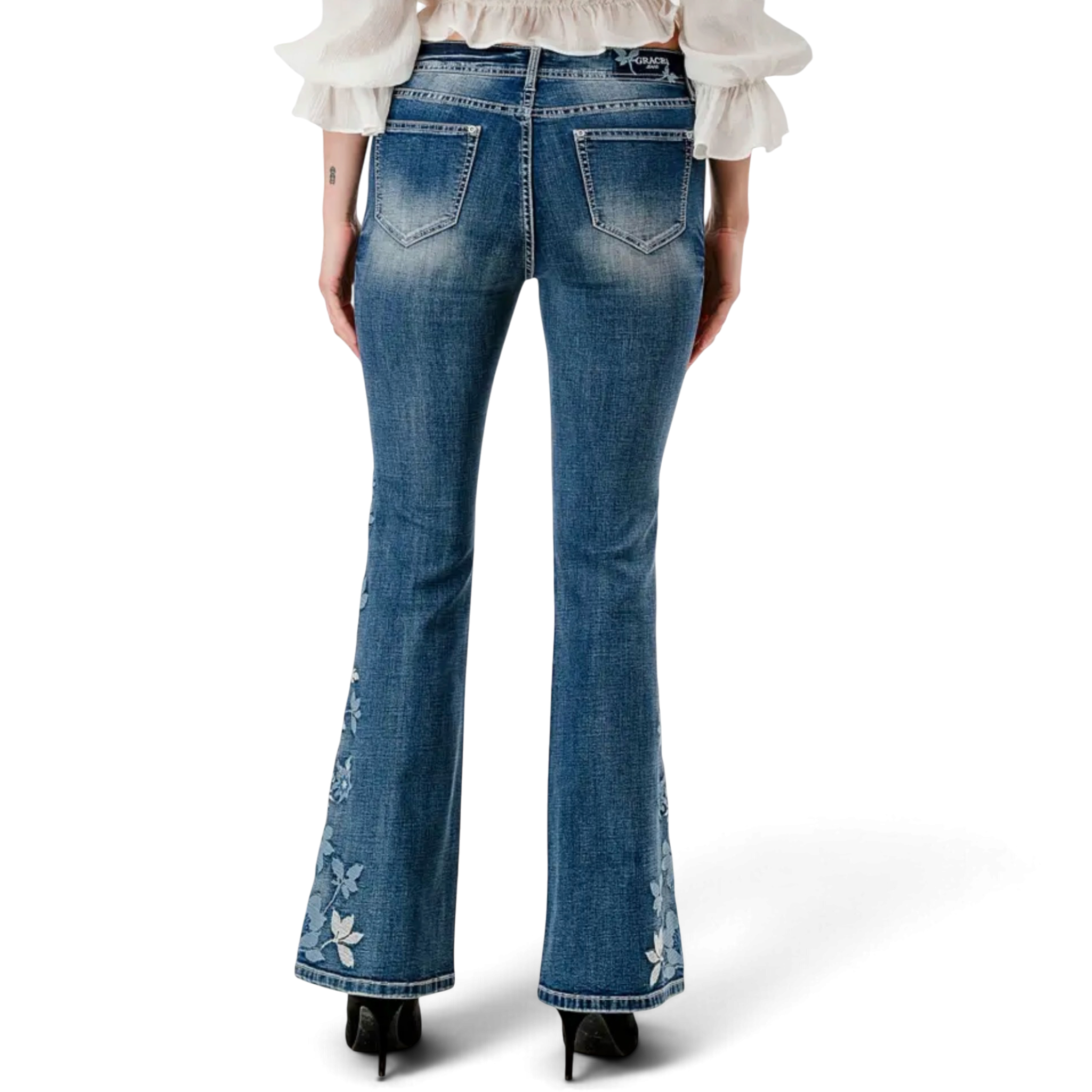 Grace in LA Floral Embroidered Flare Jeans
