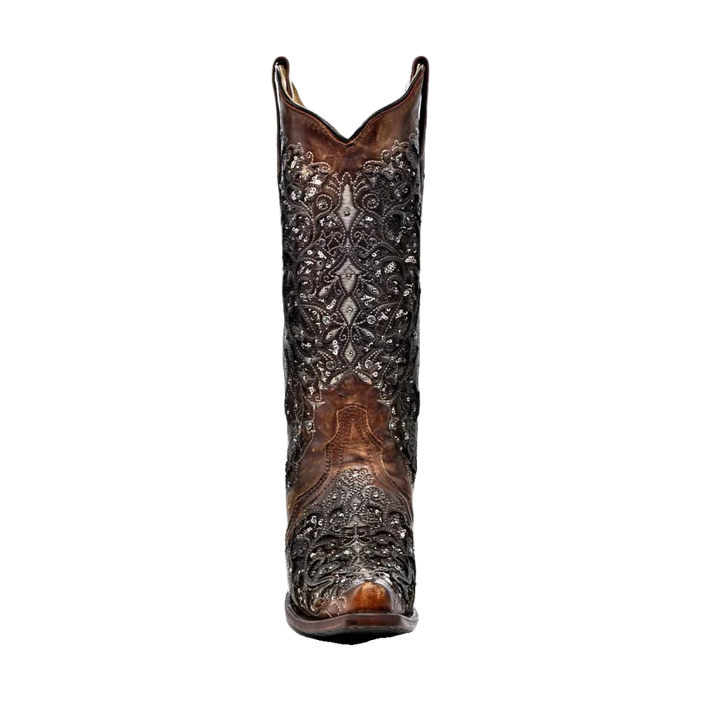 Cognac Flower Western Corral Boots