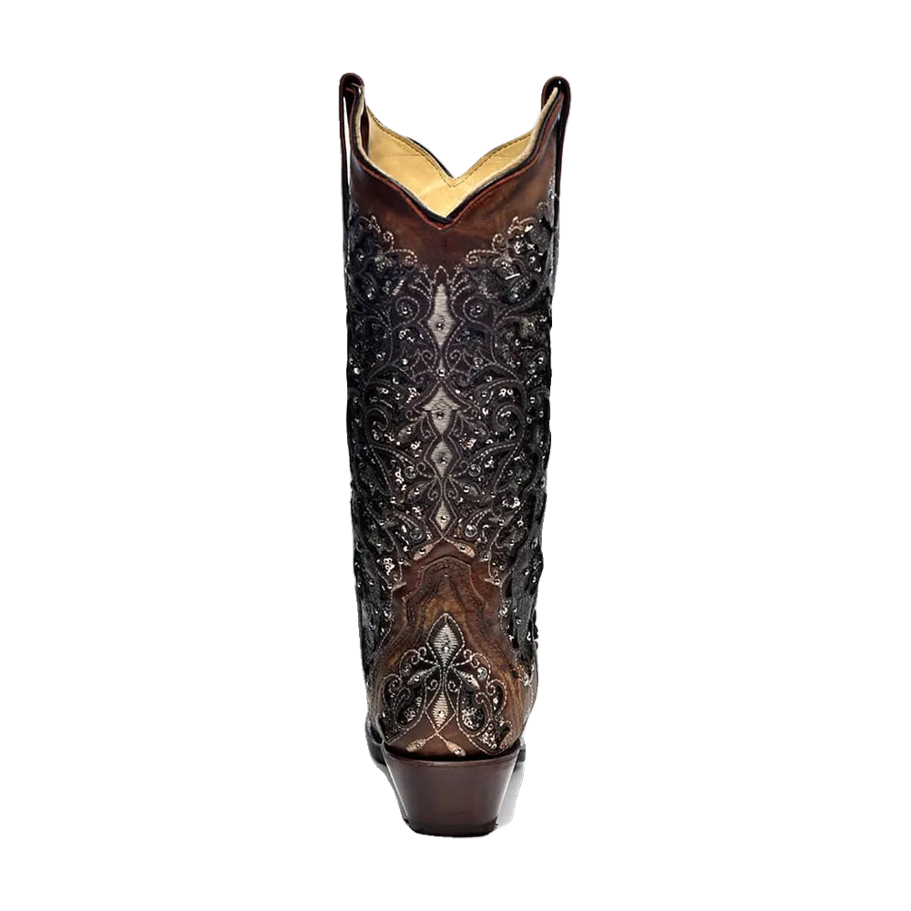 Cognac Flower Western Corral Boots