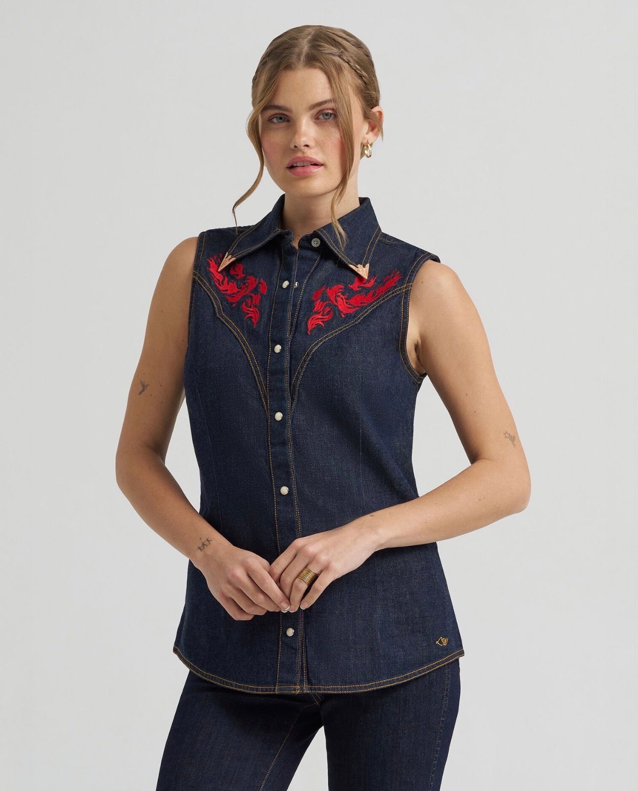Lainey Wilson x Wrangler Embroidered Sleeveless Denim Shirt