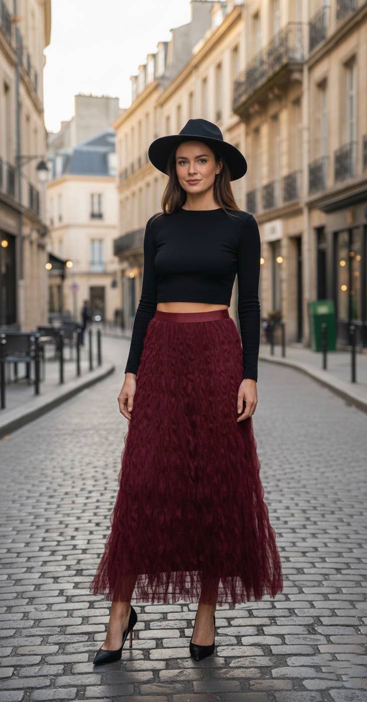 Elegant Texturerad Maxikjol – Bordeaux