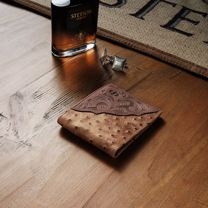 Tooled Embossed Ostrich Bi-Fold Wallet Stetson