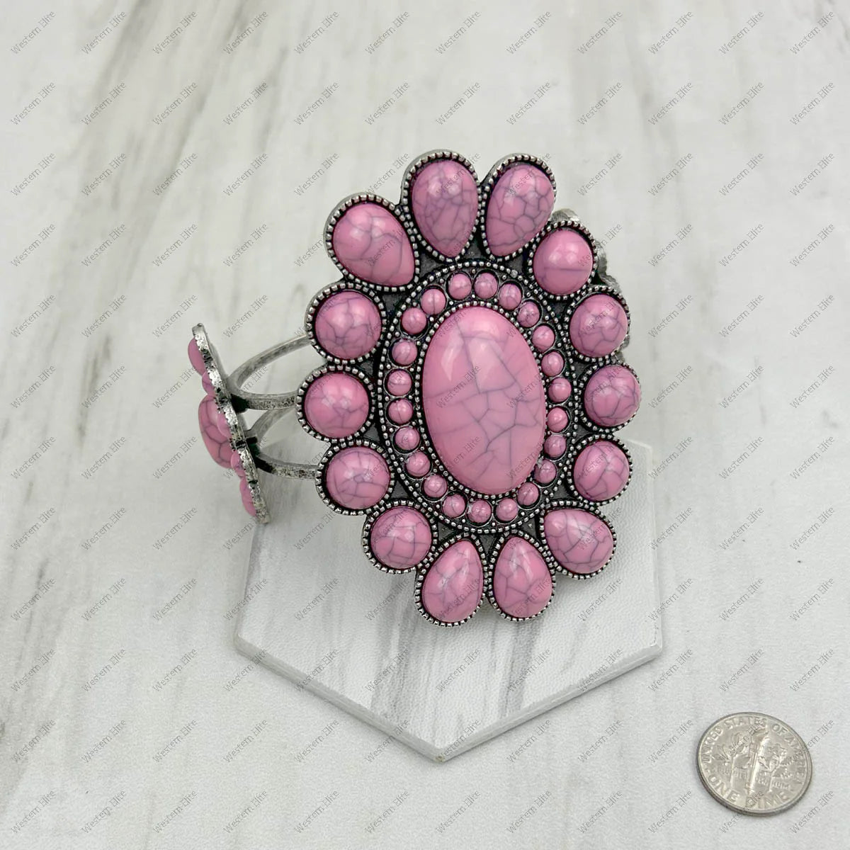 Concho Cuff Bracelet Silver With Light Pink Stone