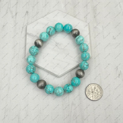 Stretch Bracelet Blue Turquoise Stone and Silver