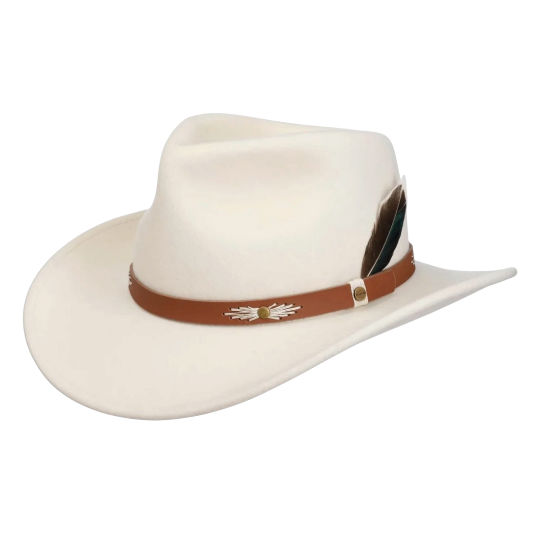 Stetson Kadoka westernhatt i ullfilt med läderflätat hattband och naturfjäder