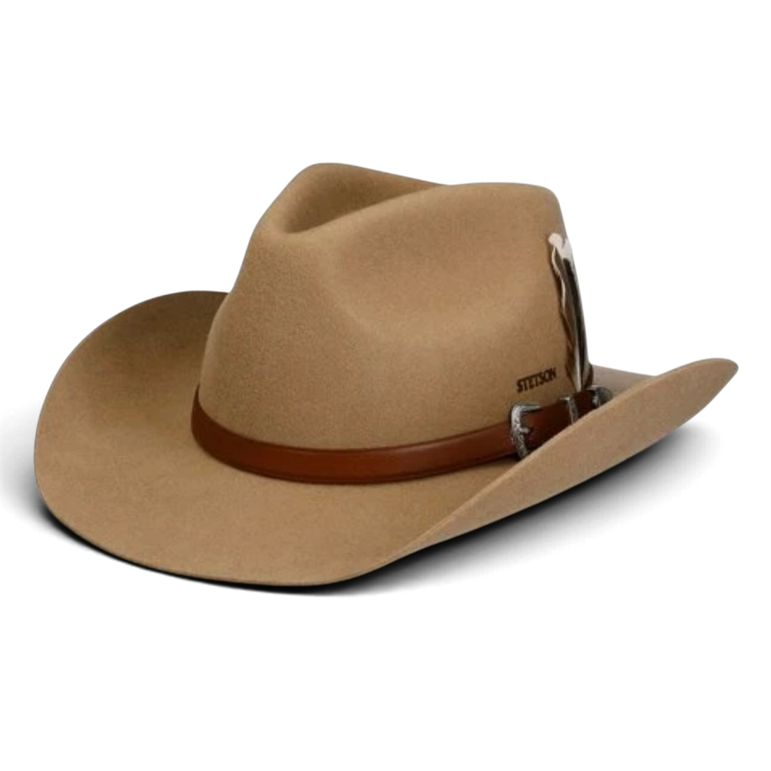 Stetson Limington westernhatt i ullfilt med läderband, metallspänne och fjäder