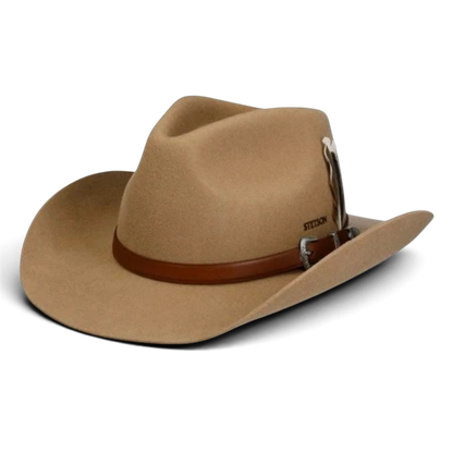 Stetson Limington westernhatt i ullfilt med läderband, metallspänne och fjäder