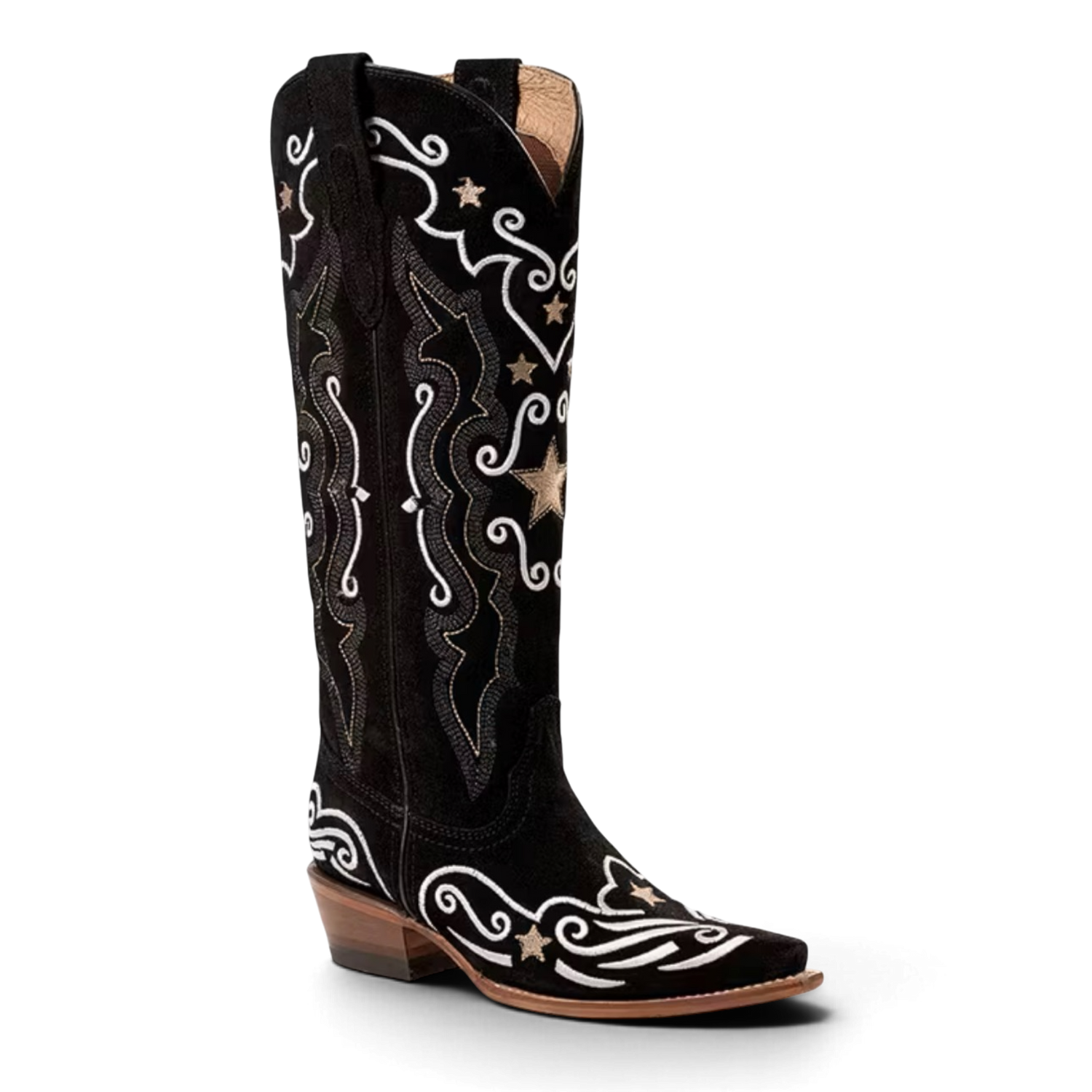Black Tall Western Boot, damboots med högt skaft i svart mocka med broderier i vitt och guld