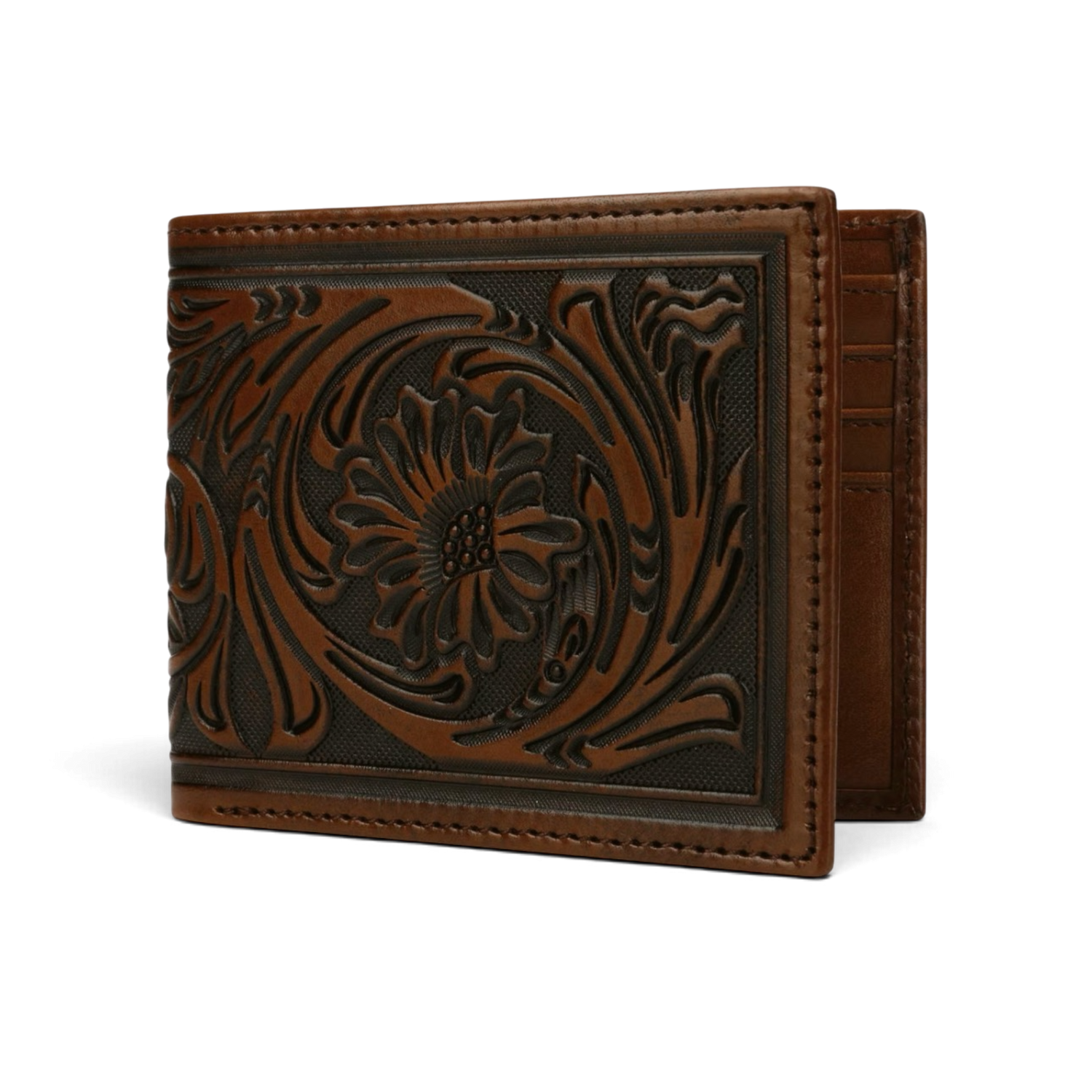 STETSON - TOOLED LEATHER BI-FOLD WALLET - BROWN