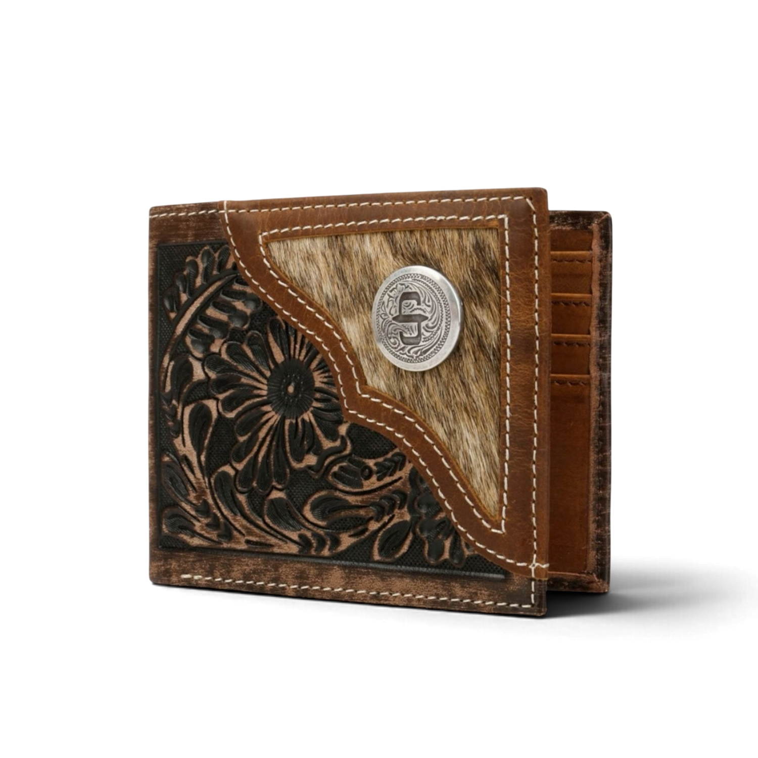 STETSON - HAIR-ON-HIDE CONCHO LEATHER BI-FOLD WALLET - BROWN