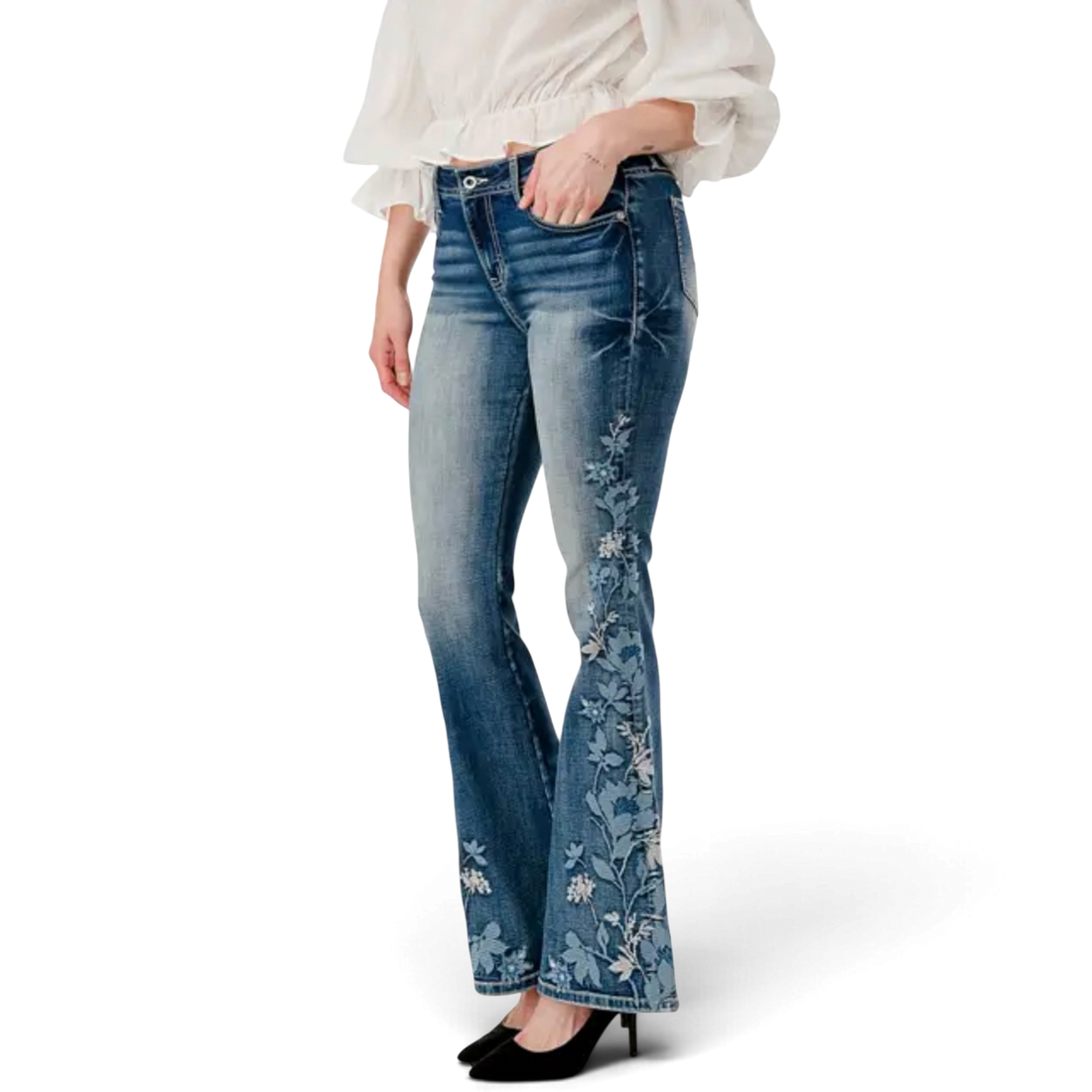 Grace in LA Floral Embroidered Flare Jeans