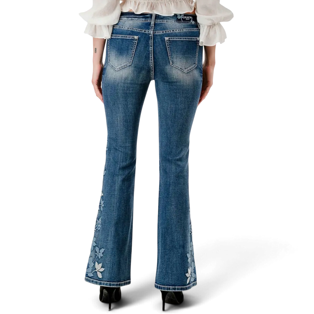Grace in LA Floral Embroidered Flare Jeans