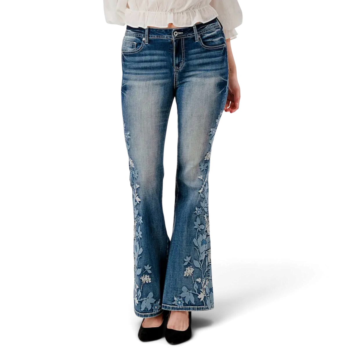 Grace in LA Floral Embroidered Flare Jeans