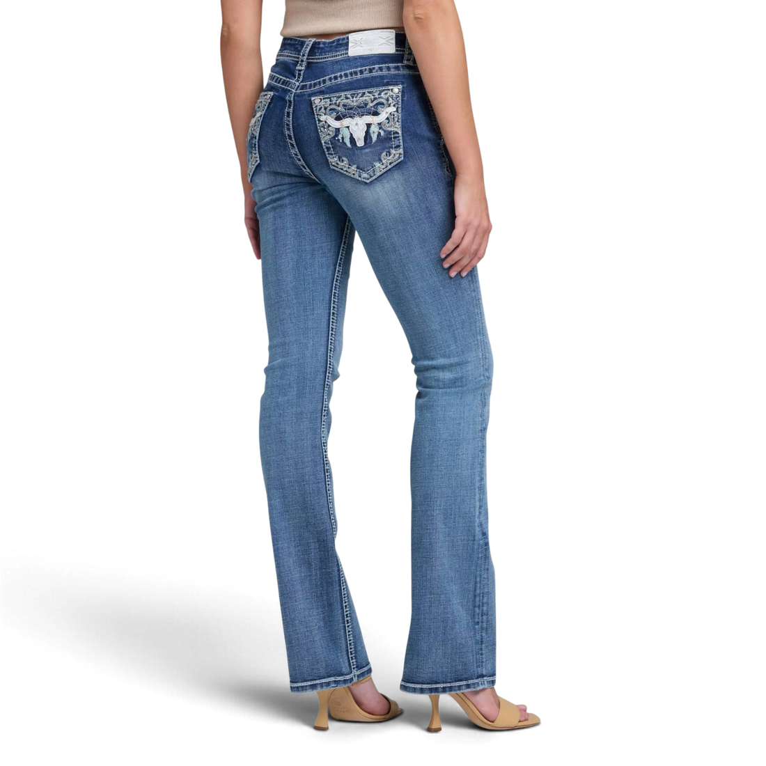 Grace in LA Bull Head Embroidered Bootcut Jeans