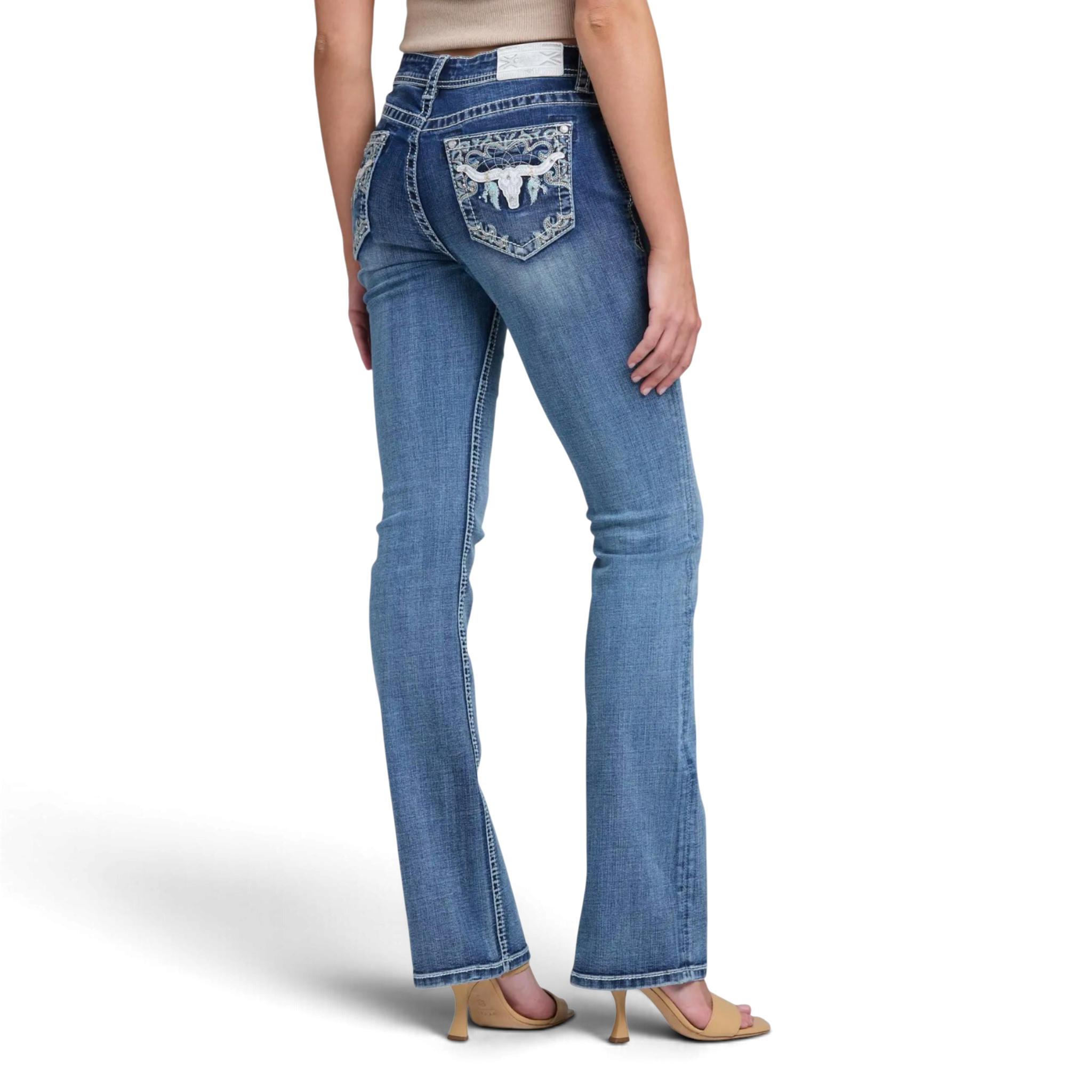 Grace in LA Bull Head Embroidered Bootcut Jeans