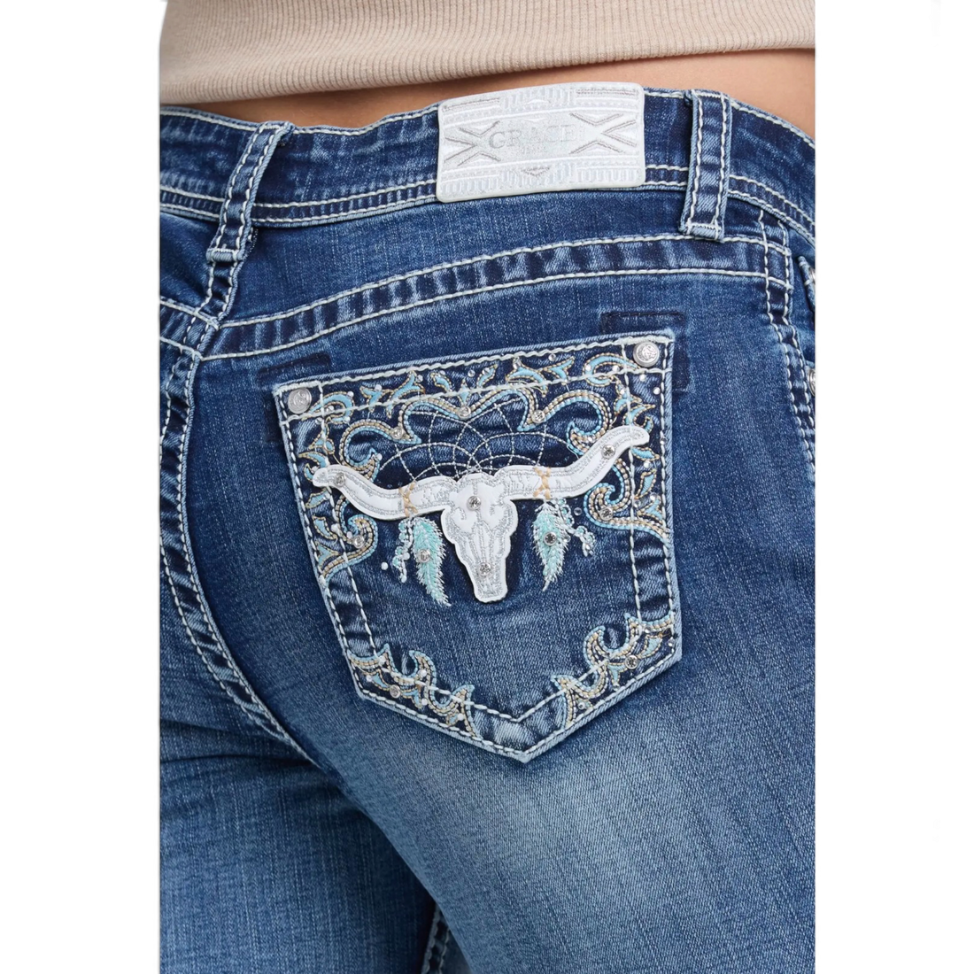 Grace in LA Bull Head Embroidered Bootcut Jeans