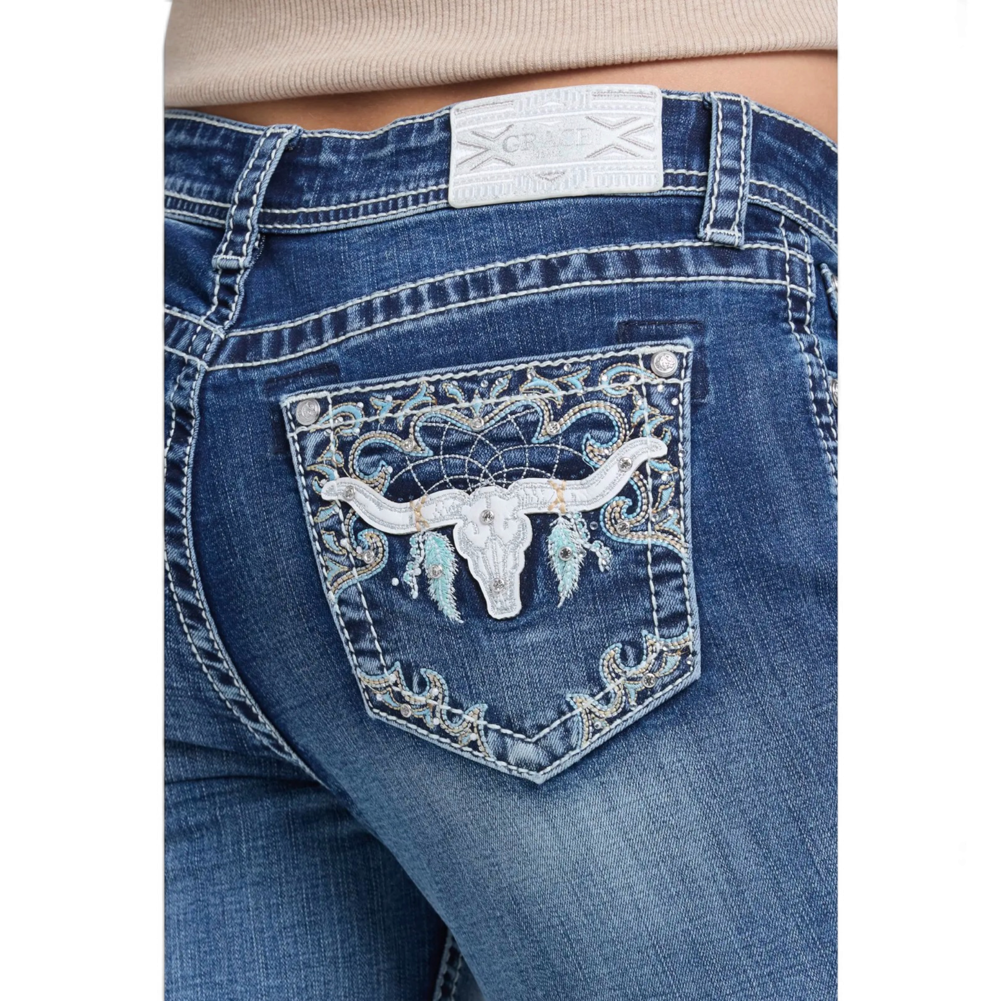 Grace in LA Bull Head Embroidered Bootcut Jeans