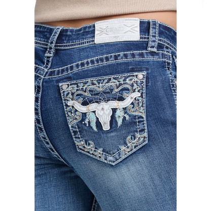 Grace in LA Bull Head Embroidered Bootcut Jeans