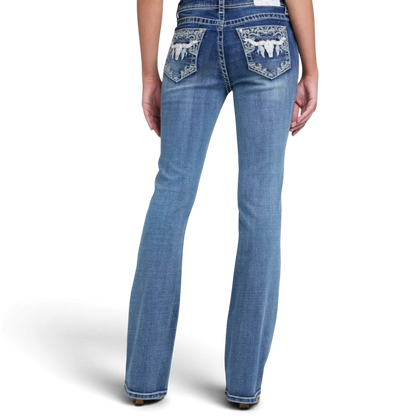 Grace in LA Bull Head Embroidered Bootcut Jeans