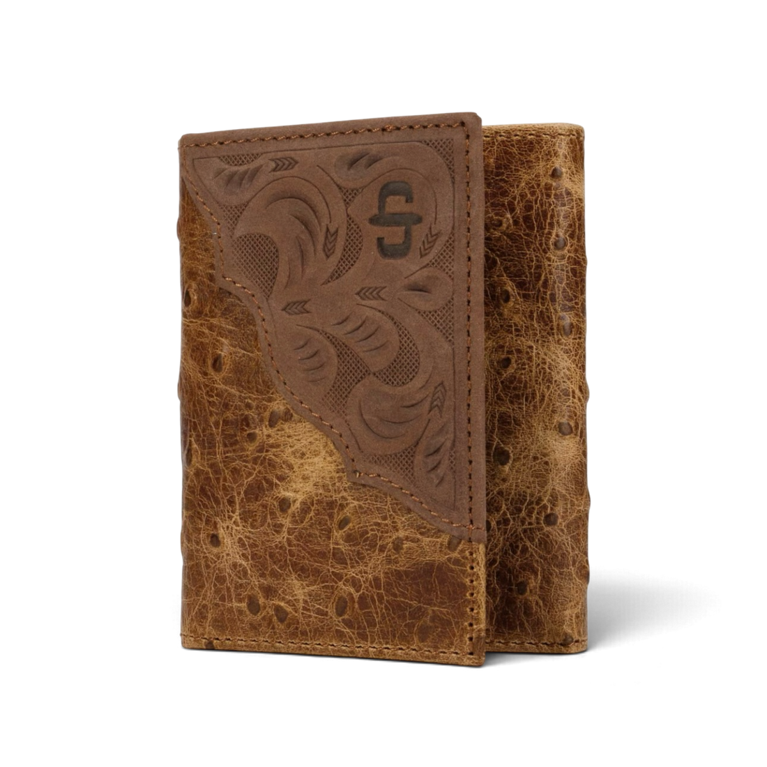Ostrich Embossed Leather Wallet Tri-Fold