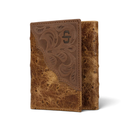 Ostrich Embossed Leather Wallet Tri-Fold