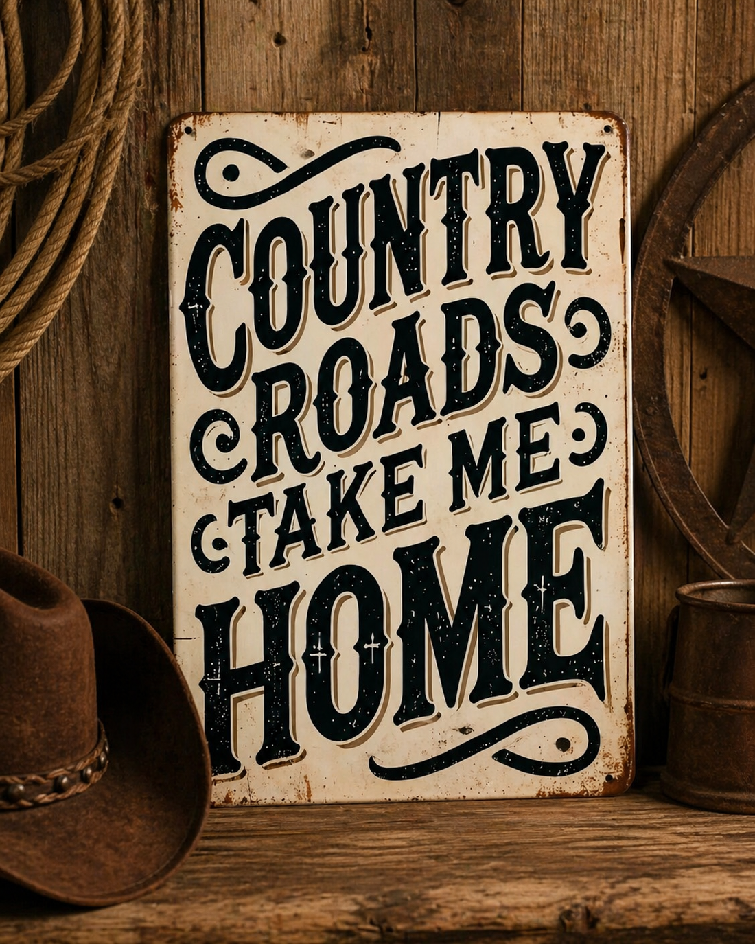 Country Roads Skylt- Premium Western Vintage