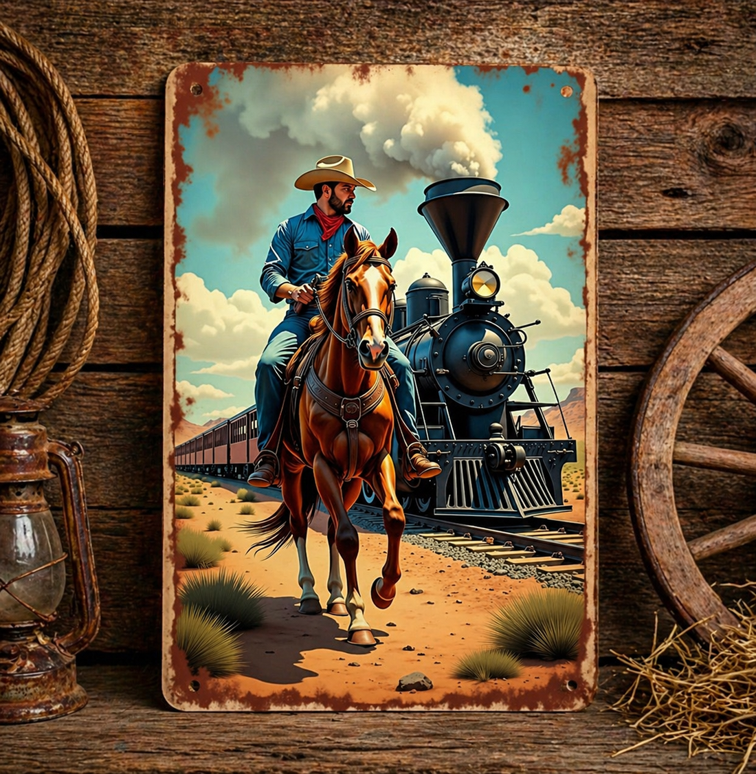 Cowboy &amp; Steam Train Skylt - Vintage Western