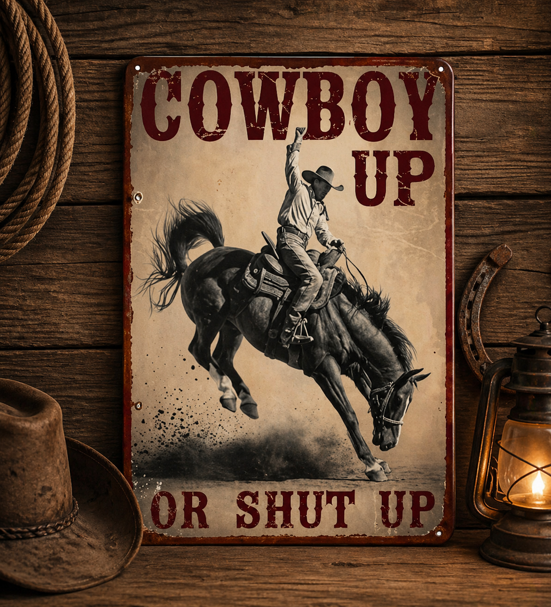 Cowboy Up Skylt- Western Vintage Metall