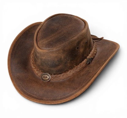 Crazy Horse Läder Westernhatt i brunt äkta läder från Stars and Stripes, robust cowboyhatt.