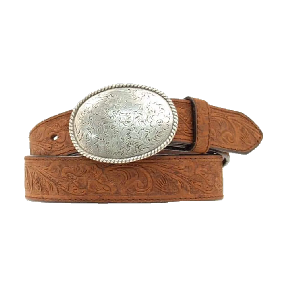 Nocona Western Bälte med Oval Silverbuckle – Blompräglat läder
