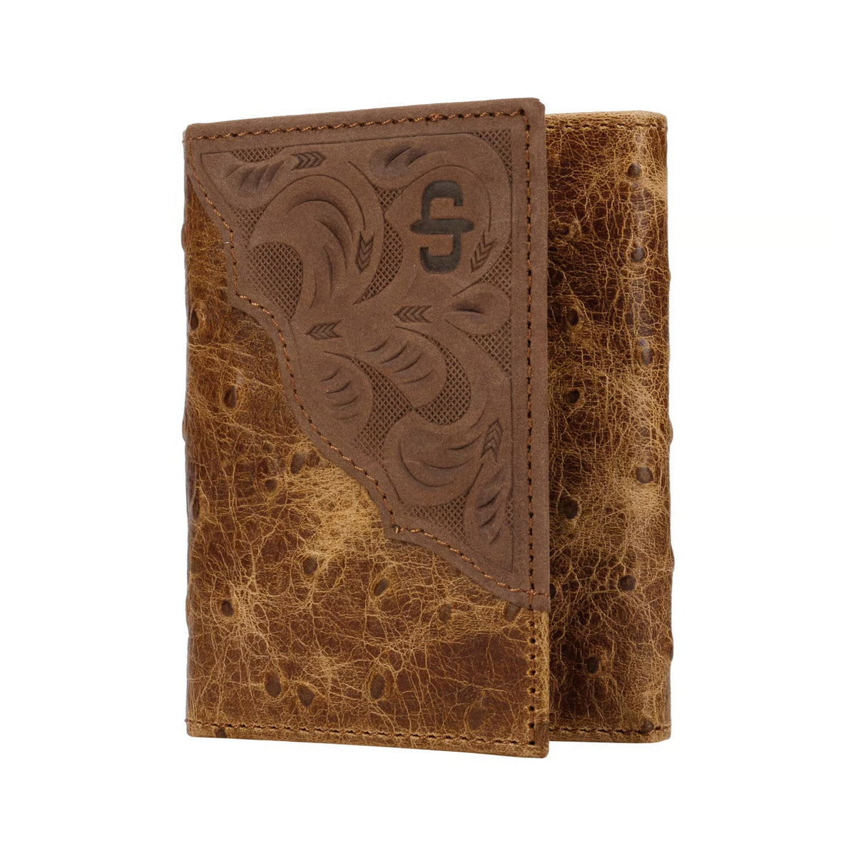 Ostrich Embossed Leather Wallet Tri-Fold