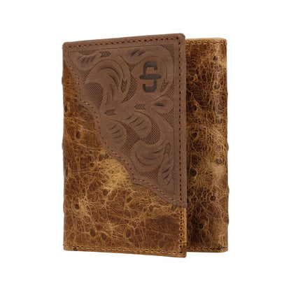Ostrich Embossed Leather Wallet Tri-Fold
