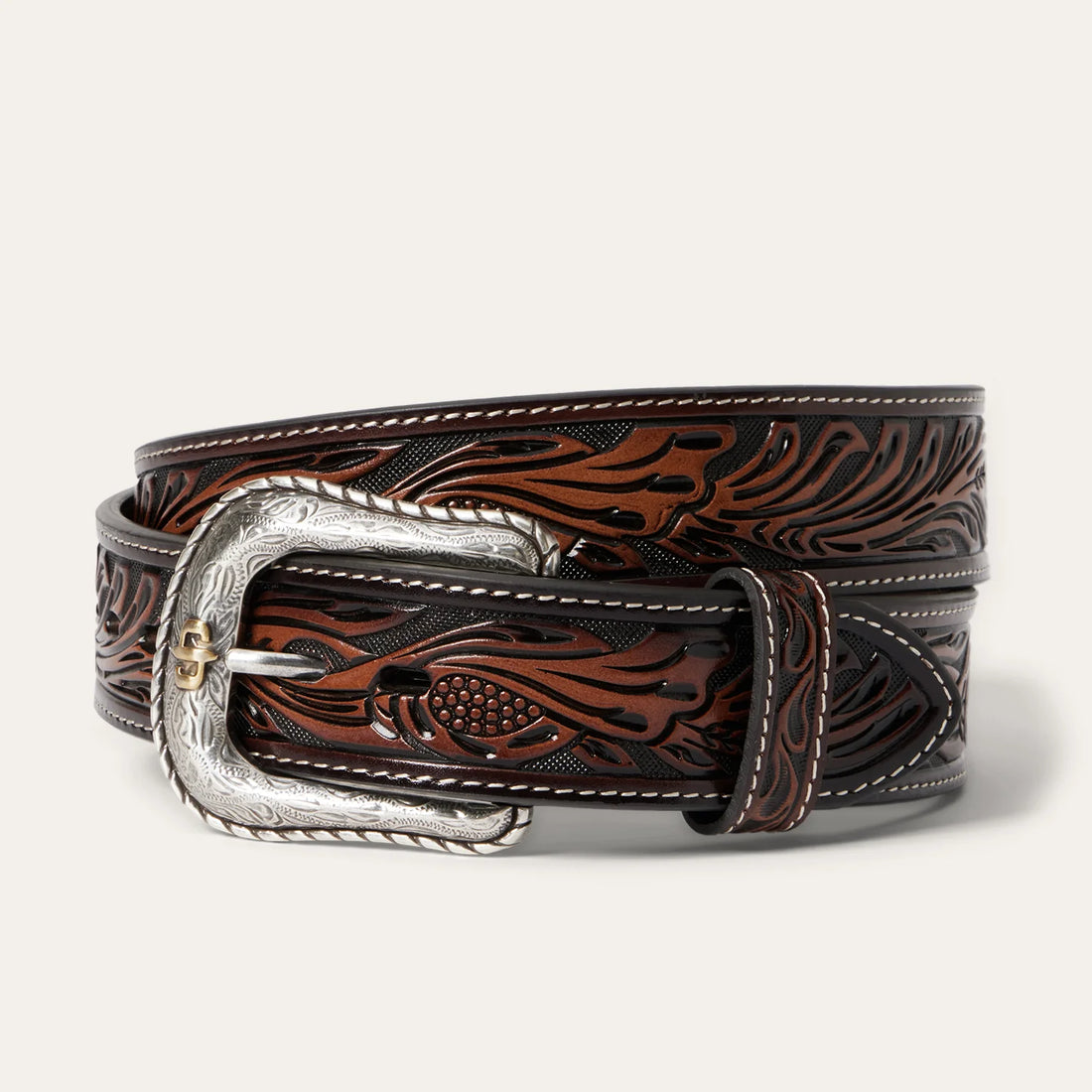 Tooled Dark Leather Belt Stetson