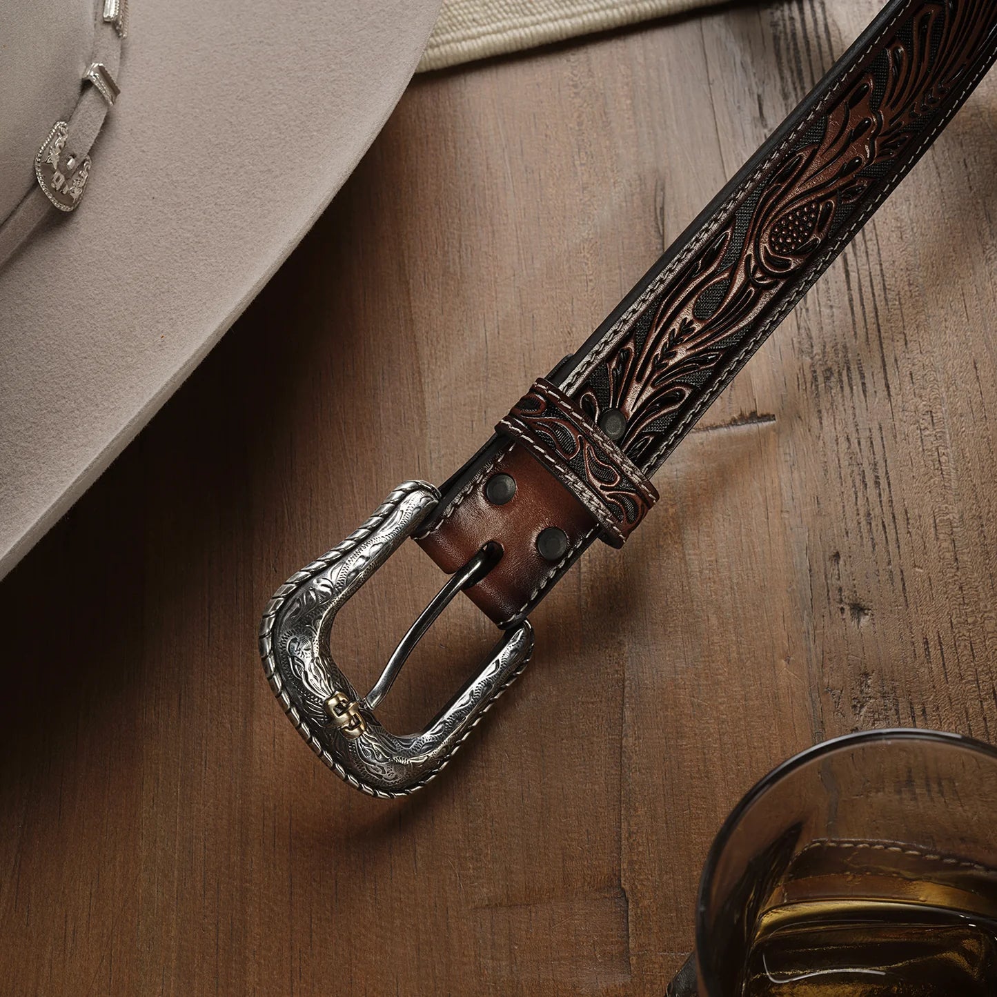 Tooled Dark Leather Belt Stetson