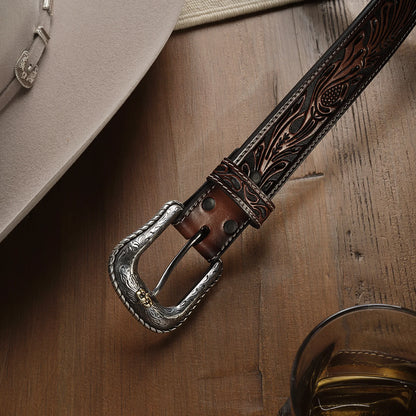 Tooled Dark Leather Belt Stetson