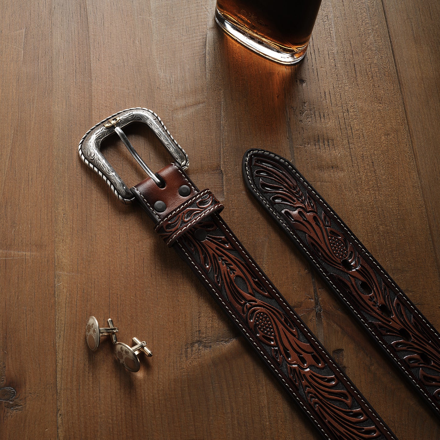 Tooled Dark Leather Belt Stetson