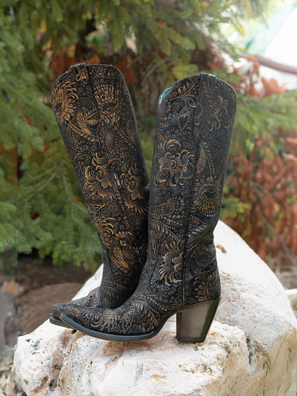 Floral Gold Black High Western Boots