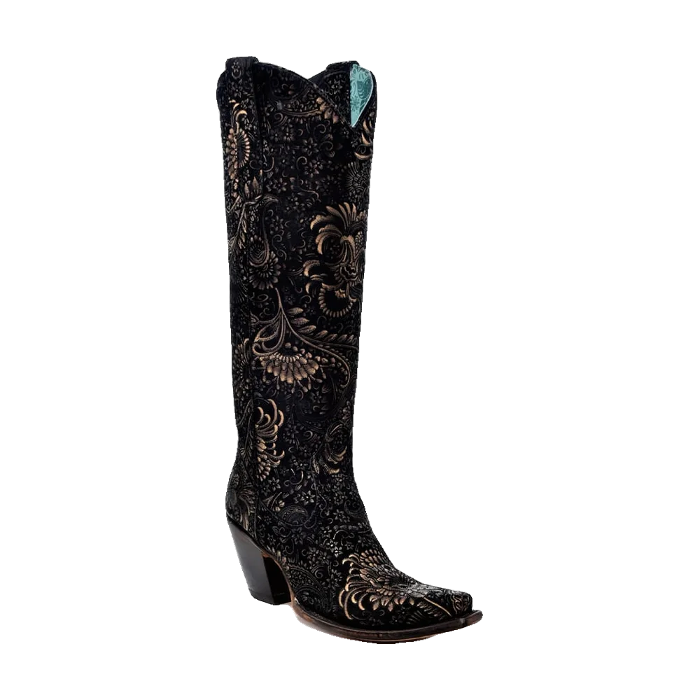 Floral Gold Black High Western Boots