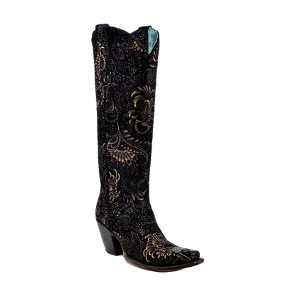 Floral Gold Black High Western Boots