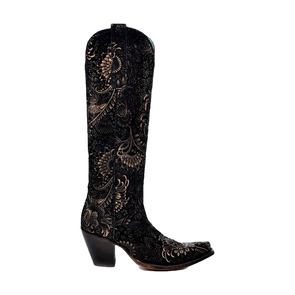 Floral Gold Black High Western Boots
