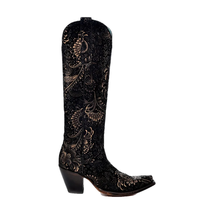 Floral Gold Black High Western Boots