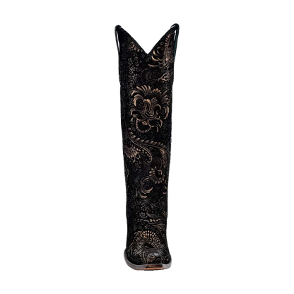 Floral Gold Black High Western Boots