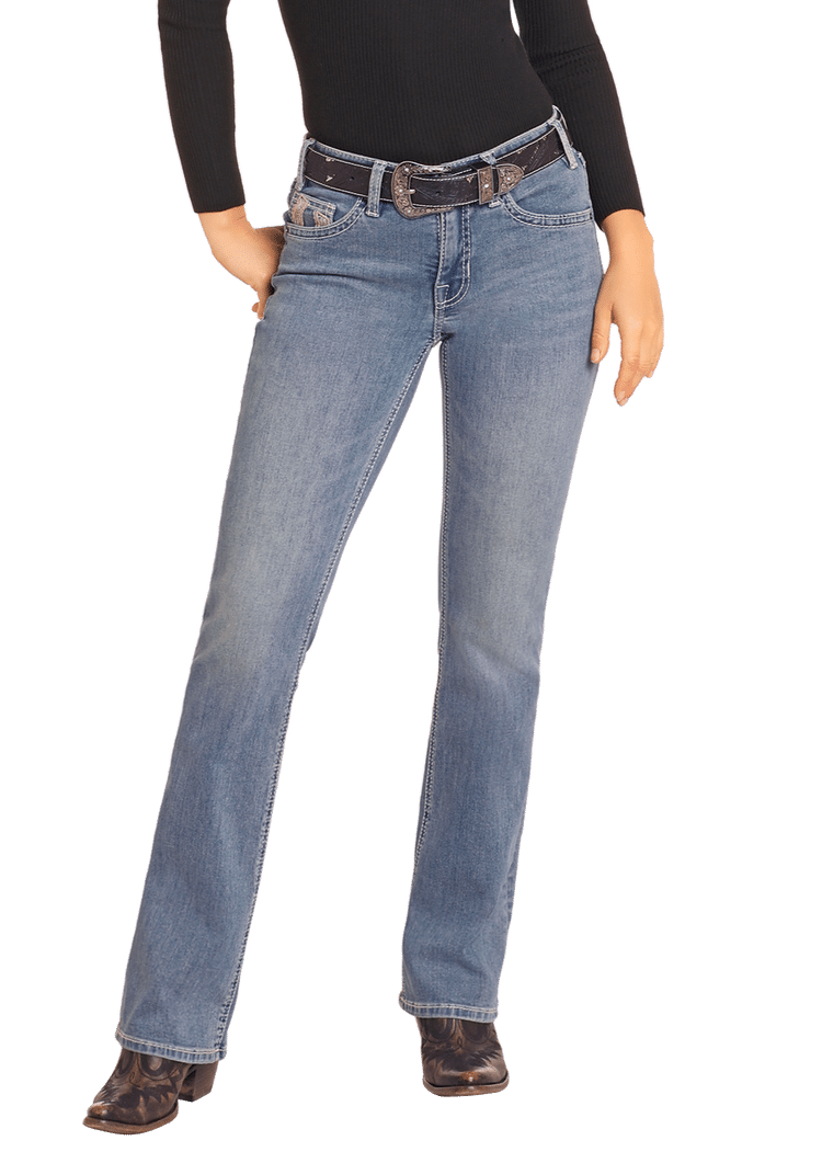 Mid Rise Horseshoe Embroidered Bootcut Jeans Rock And Roll Denim