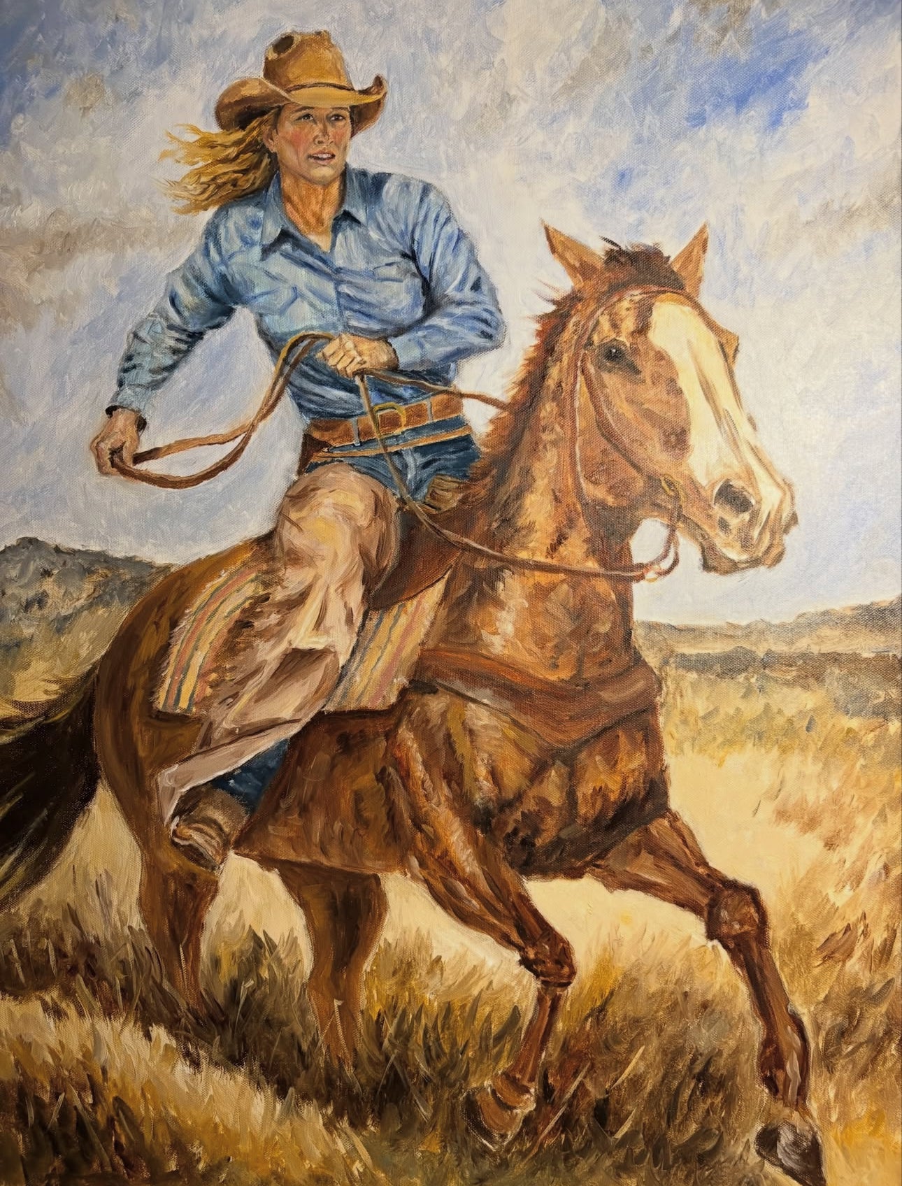 Cowgirl At Work Oljemålning på duk