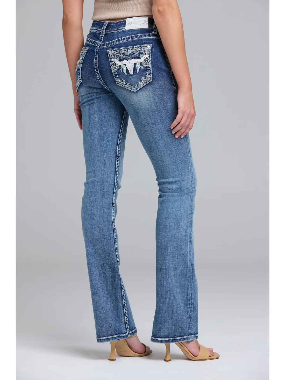 Tjurhuvudbroderi, normalhög midja, bootcut 32"